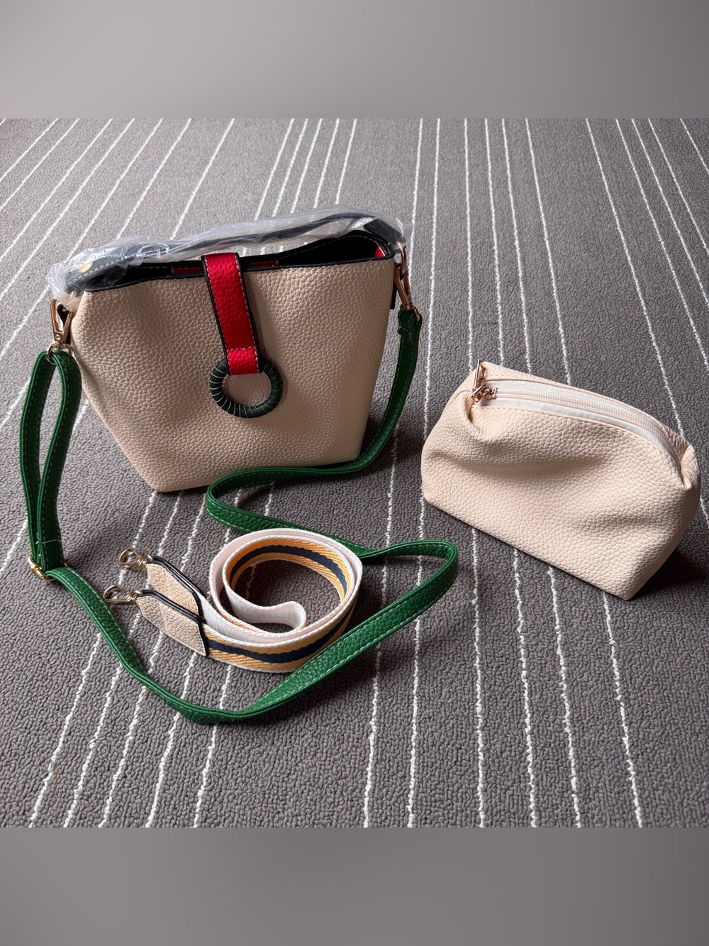 New Green and Cream Crossbody Bag with Green Strap and Red Accent